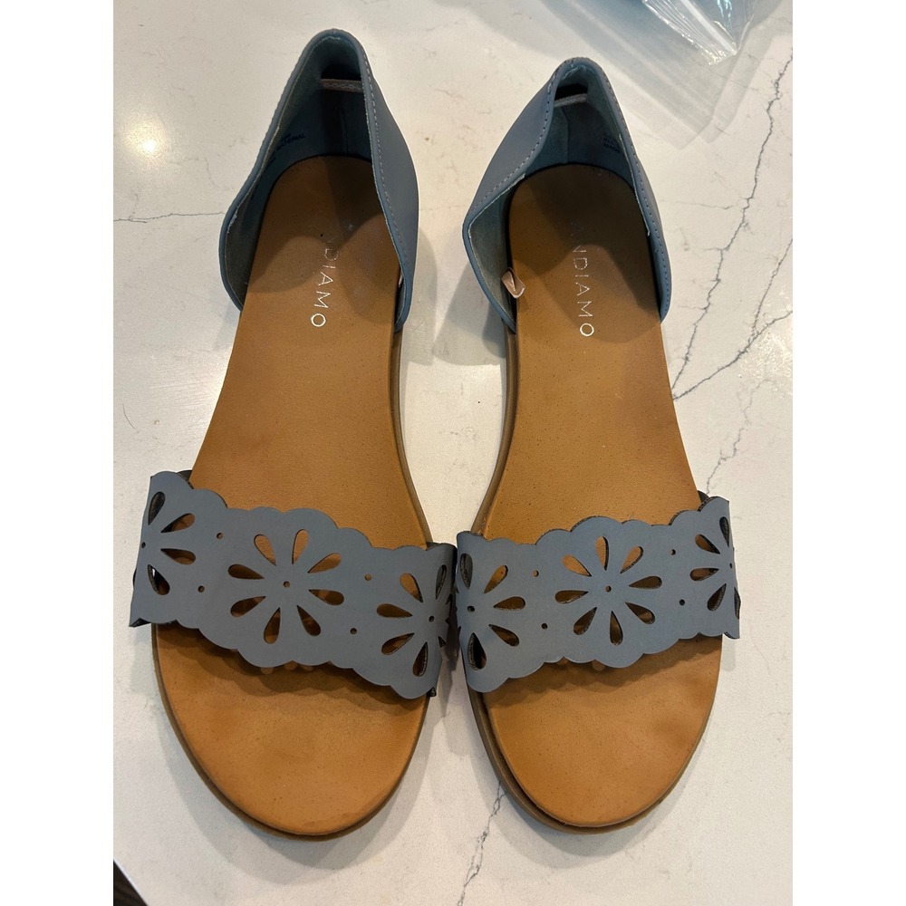 Andiamo Sandals Blue Laser Cut Floral D'Orsay Flat Slides AJAMAL Summer Boho